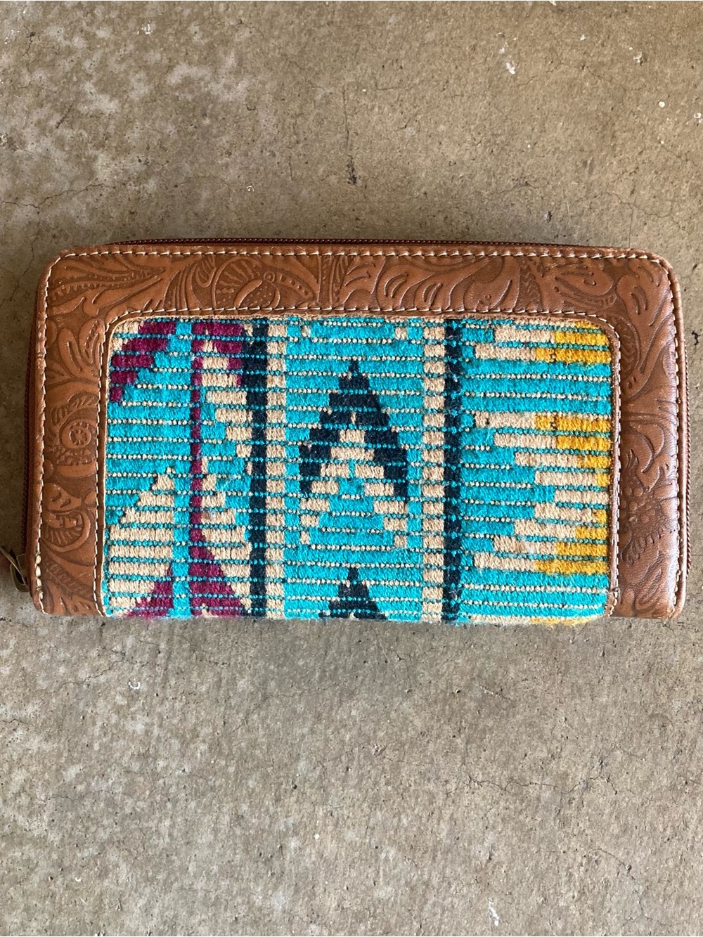 Myra Bags Woods Wallet hand-tooled brown leather turquoise woven pattern